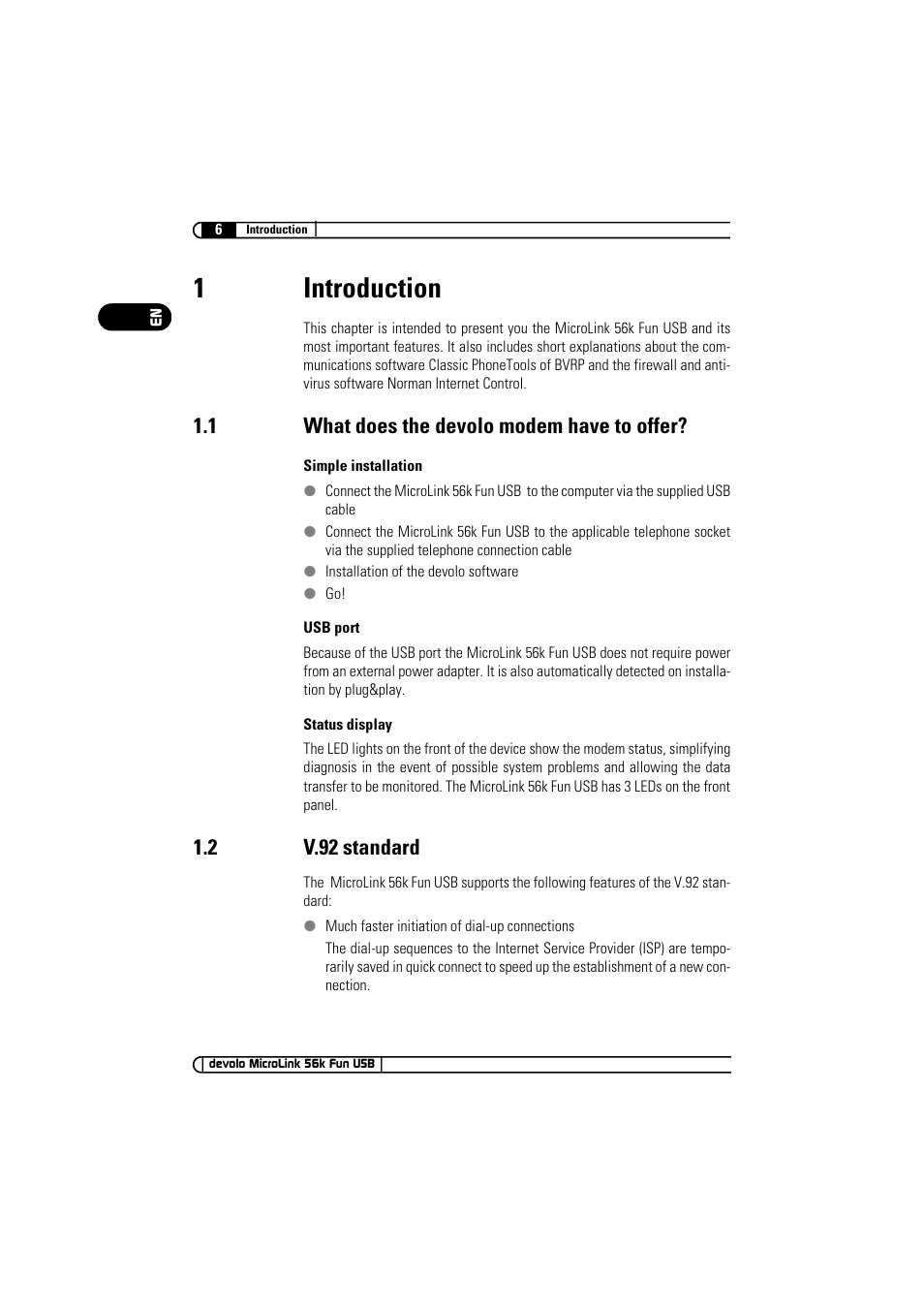 1 introduction, 1 what does the devolo modem have to offer, 2 v.92 standard | 1introduction | Devolo MicroLink 56k Fun USB User Manual | Page 6 / 21