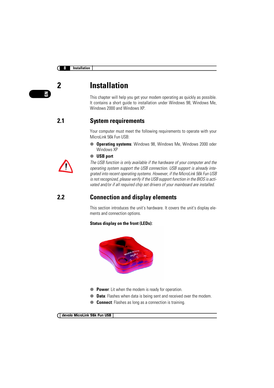 2 installation, 1 system requirements, 2 connection and display elements | 2installation | Devolo MicroLink 56k Fun USB User Manual | Page 8 / 21