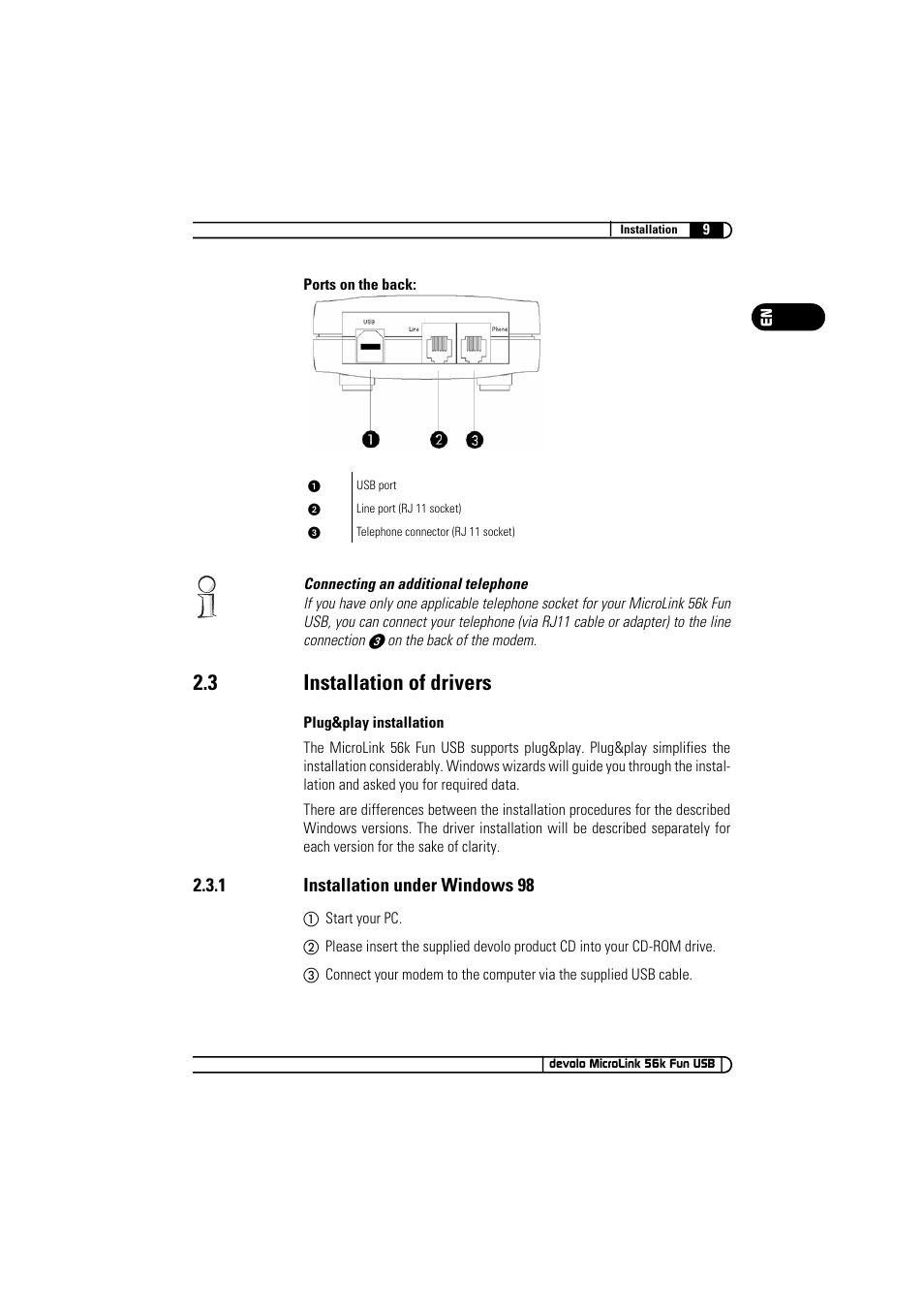 3 installation of drivers, 1 installation under windows 98 | Devolo MicroLink 56k Fun USB User Manual | Page 9 / 21