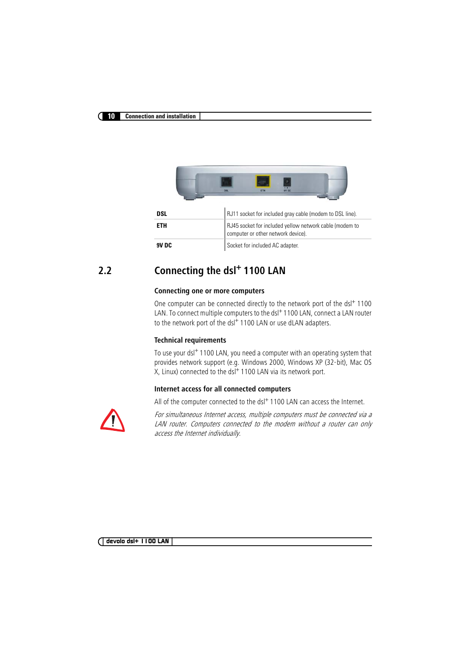 2 connecting the dsl+ 1100 lan, Connecting the dsl, 2 connecting the dsl | 1100 lan | Devolo dsl+ 1100 LAN User Manual | Page 10 / 30