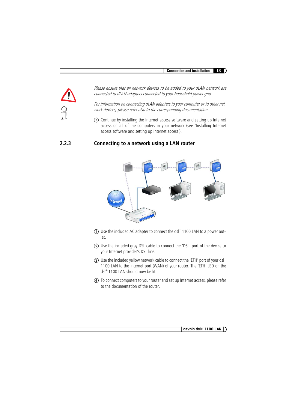 3 connecting to a network using a lan router, Connecting to a network using a lan router | Devolo dsl+ 1100 LAN User Manual | Page 13 / 30