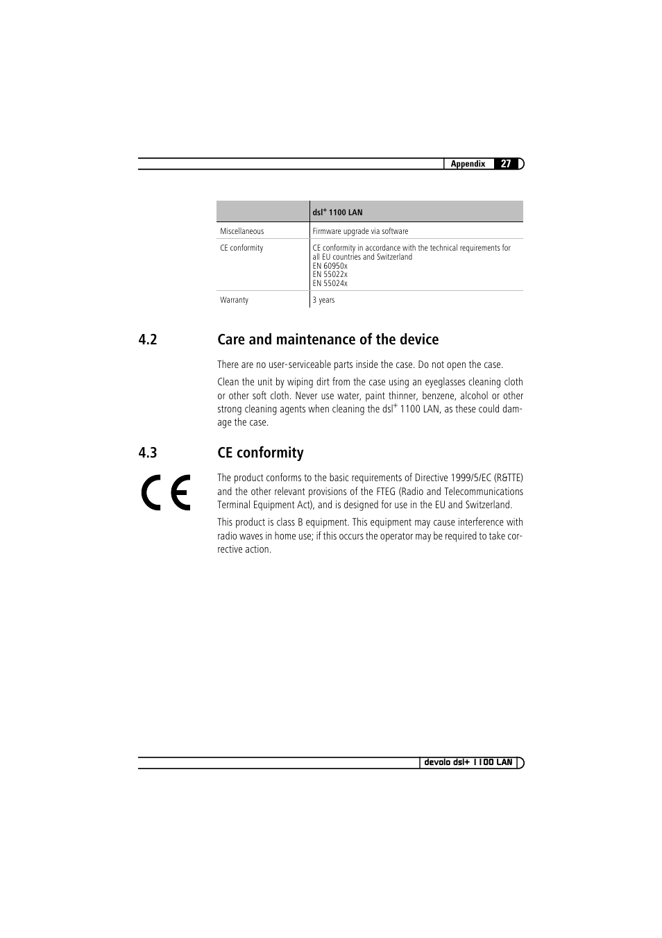 2 care and maintenance of the device, 3 ce conformity, Care and maintenance of the device | Ce conformity | Devolo dsl+ 1100 LAN User Manual | Page 27 / 30