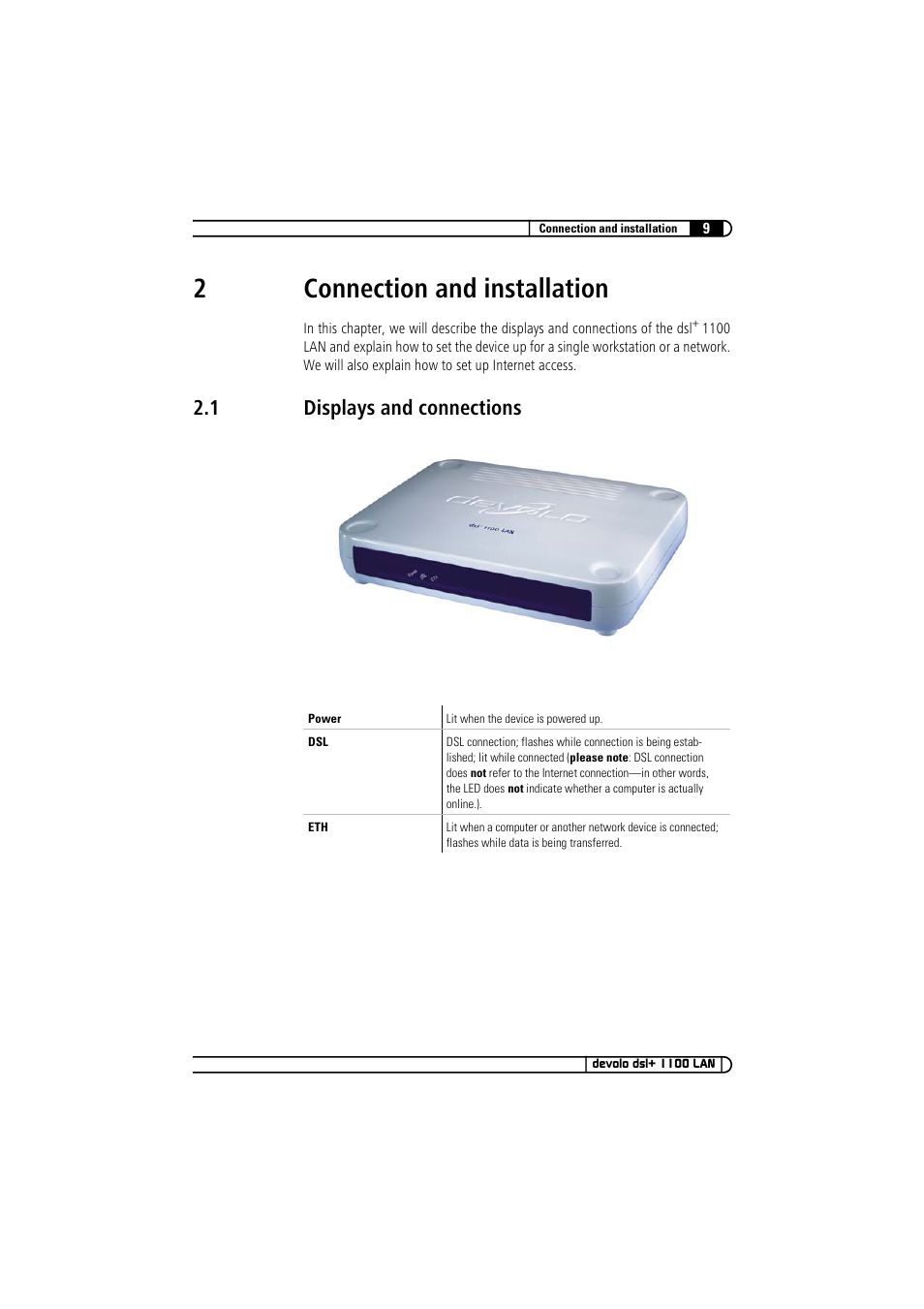 2 connection and installation, 1 displays and connections, Displays and connections | 2connection and installation | Devolo dsl+ 1100 LAN User Manual | Page 9 / 30