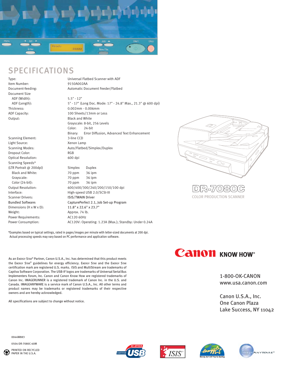 Specifications | Canon COLOR PRODUCTION SCANNER DR-7080C User Manual | Page 4 / 4