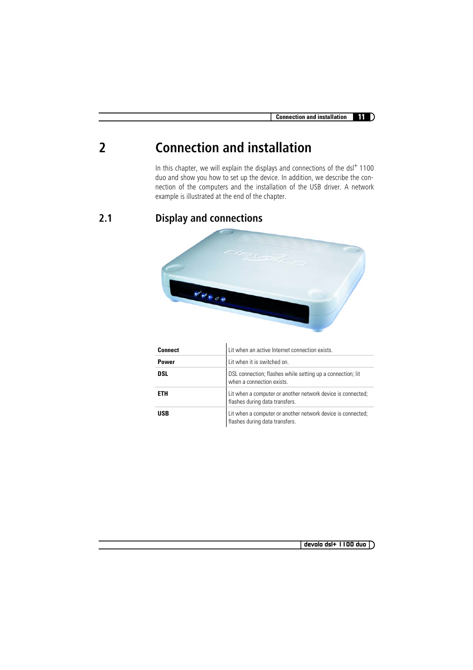 2 connection and installation, 1 display and connections, Display and connections | 2connection and installation | Devolo dsl+ 1100 duo User Manual | Page 11 / 39