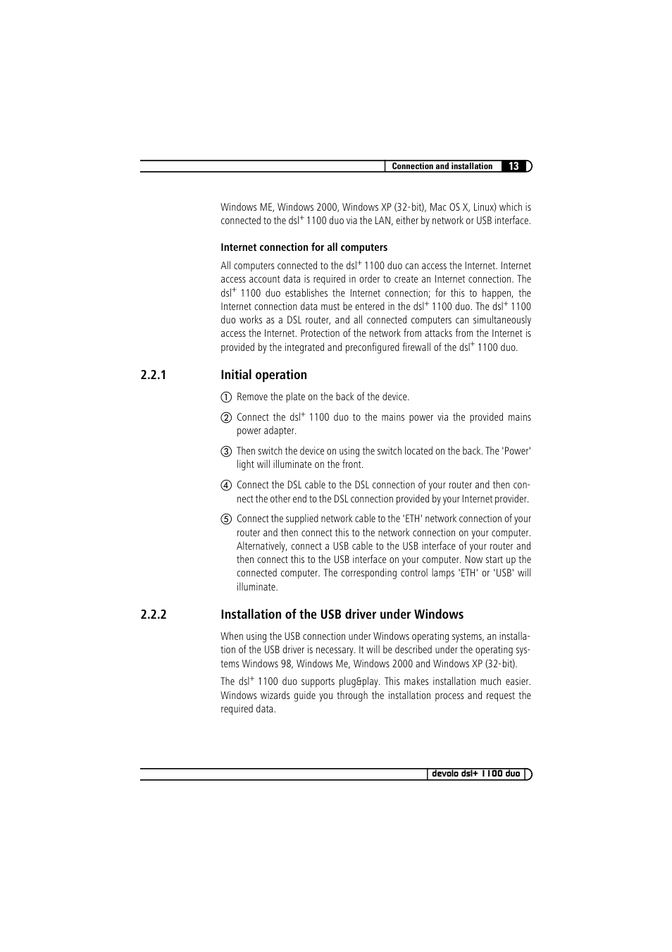 1 initial operation, 2 installation of the usb driver under windows, Initial operation | Installation of the usb driver under windows | Devolo dsl+ 1100 duo User Manual | Page 13 / 39