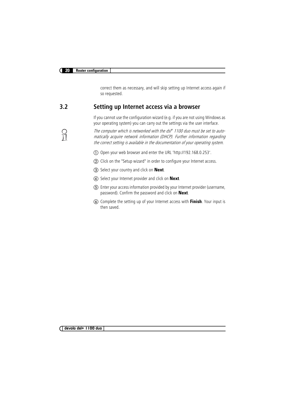 2 setting up internet access via a browser, Setting up internet access via a browser | Devolo dsl+ 1100 duo User Manual | Page 19 / 39