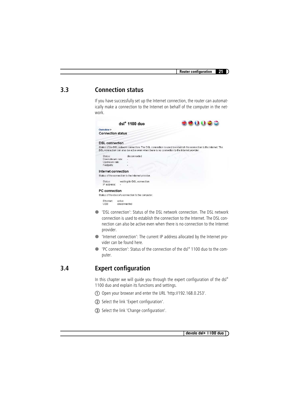 3 connection status, 4 expert configuration, Connection status | Expert configuration | Devolo dsl+ 1100 duo User Manual | Page 20 / 39