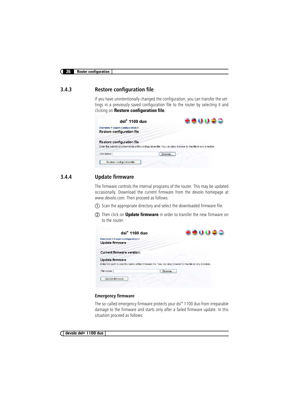 3 restore configuration file, 4 update firmware, Restore configuration file | Update firmware | Devolo dsl+ 1100 duo User Manual | Page 25 / 39