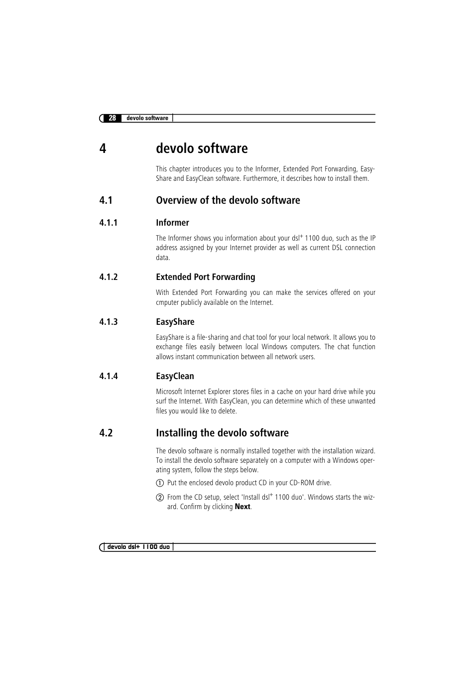 4 devolo software, 1 overview of the devolo software, 1 informer | 2 extended port forwarding, 3 easyshare, 4 easyclean, 2 installing the devolo software, Overview of the devolo software 4.1.1, Informer, Extended port forwarding | Devolo dsl+ 1100 duo User Manual | Page 27 / 39