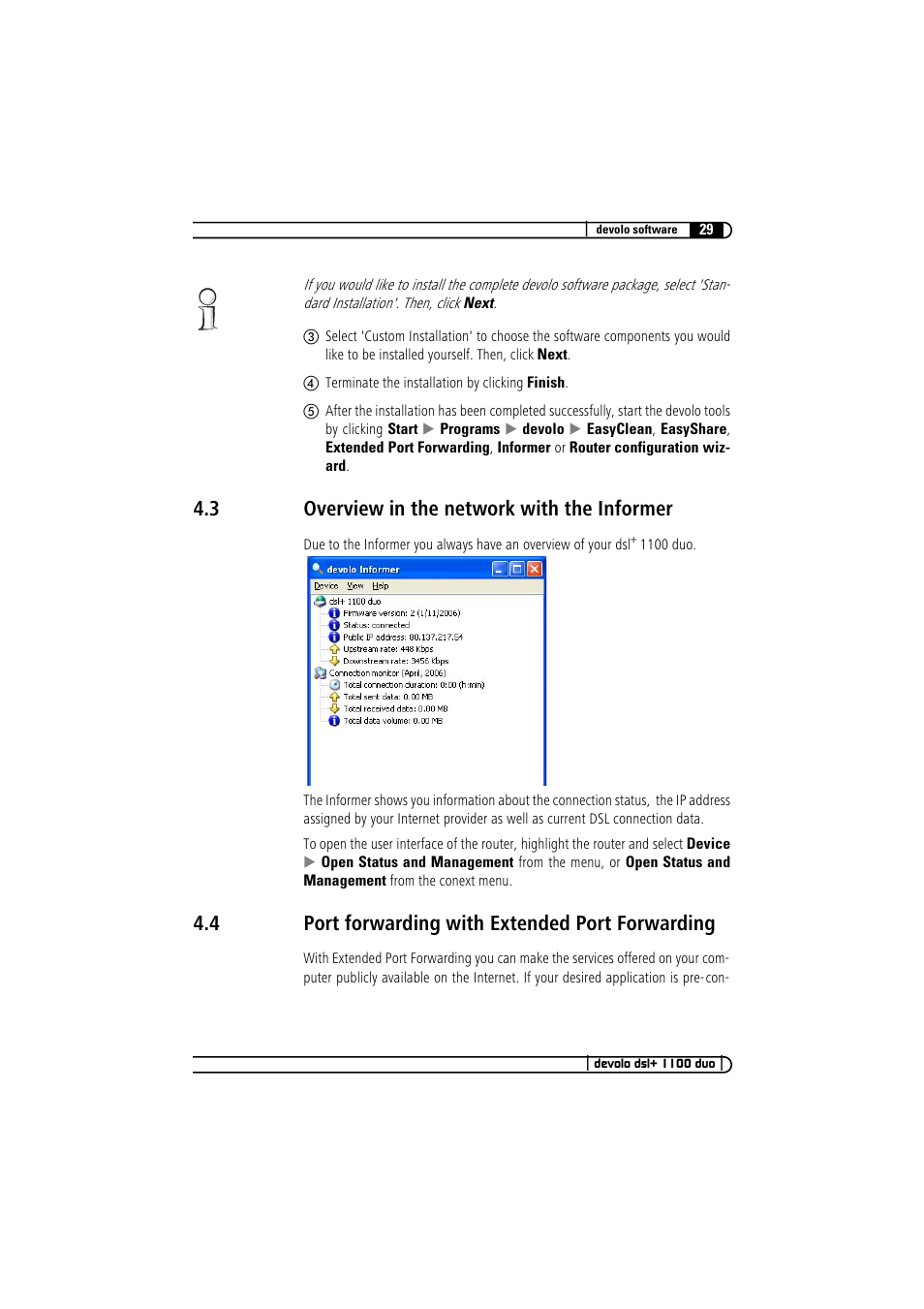 3 overview in the network with the informer, 4 port forwarding with extended port forwarding, Overview in the network with the informer | Port forwarding with extended port forwarding | Devolo dsl+ 1100 duo User Manual | Page 28 / 39