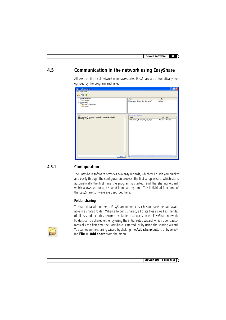 5 communication in the network using easyshare, 1 configuration, Communication in the network using easyshare 4.5.1 | Configuration | Devolo dsl+ 1100 duo User Manual | Page 30 / 39