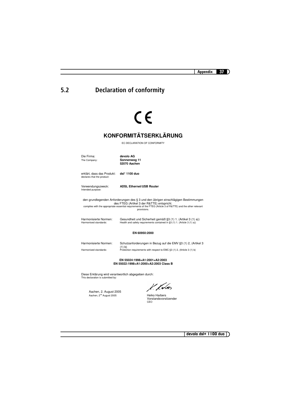 2 declaration of conformity, Declaration of conformity, Konformitätserklärung | Devolo dsl+ 1100 duo User Manual | Page 36 / 39