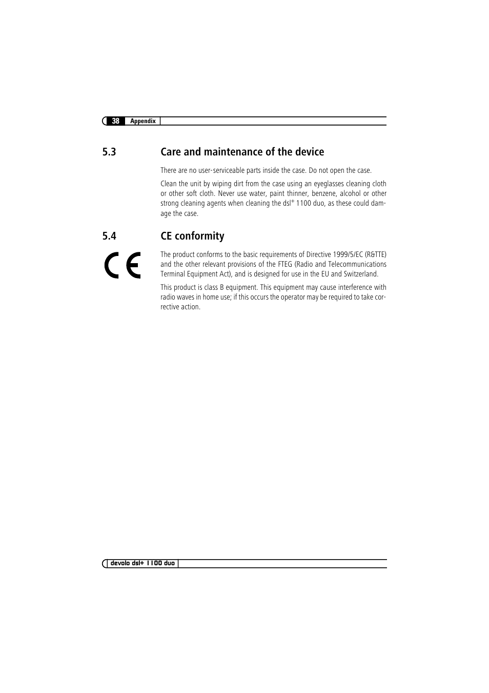 3 care and maintenance of the device, 4 ce conformity, Care and maintenance of the device | Ce conformity | Devolo dsl+ 1100 duo User Manual | Page 37 / 39