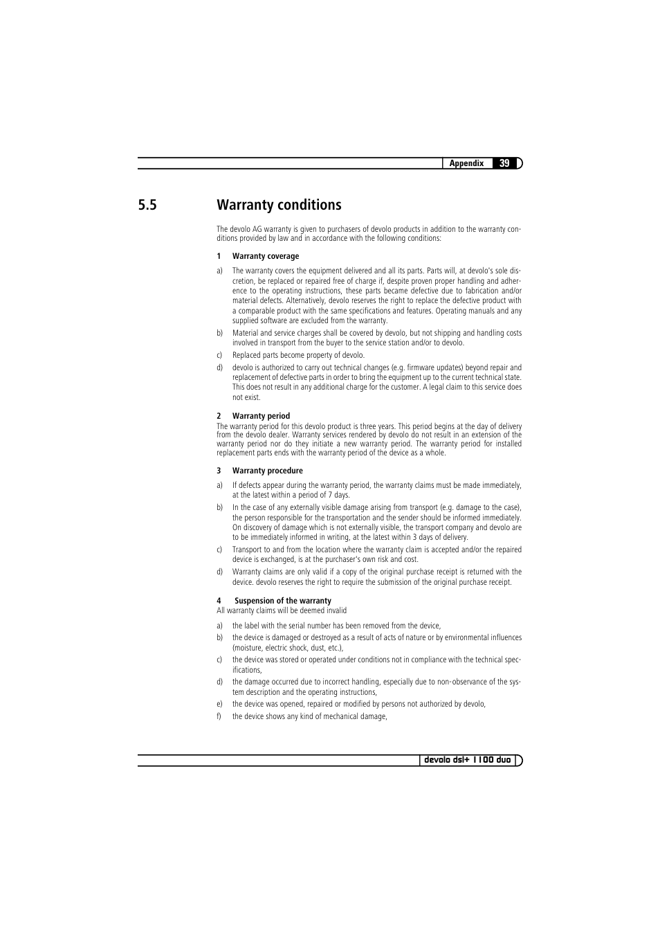 5 warranty conditions, Warranty conditions | Devolo dsl+ 1100 duo User Manual | Page 38 / 39