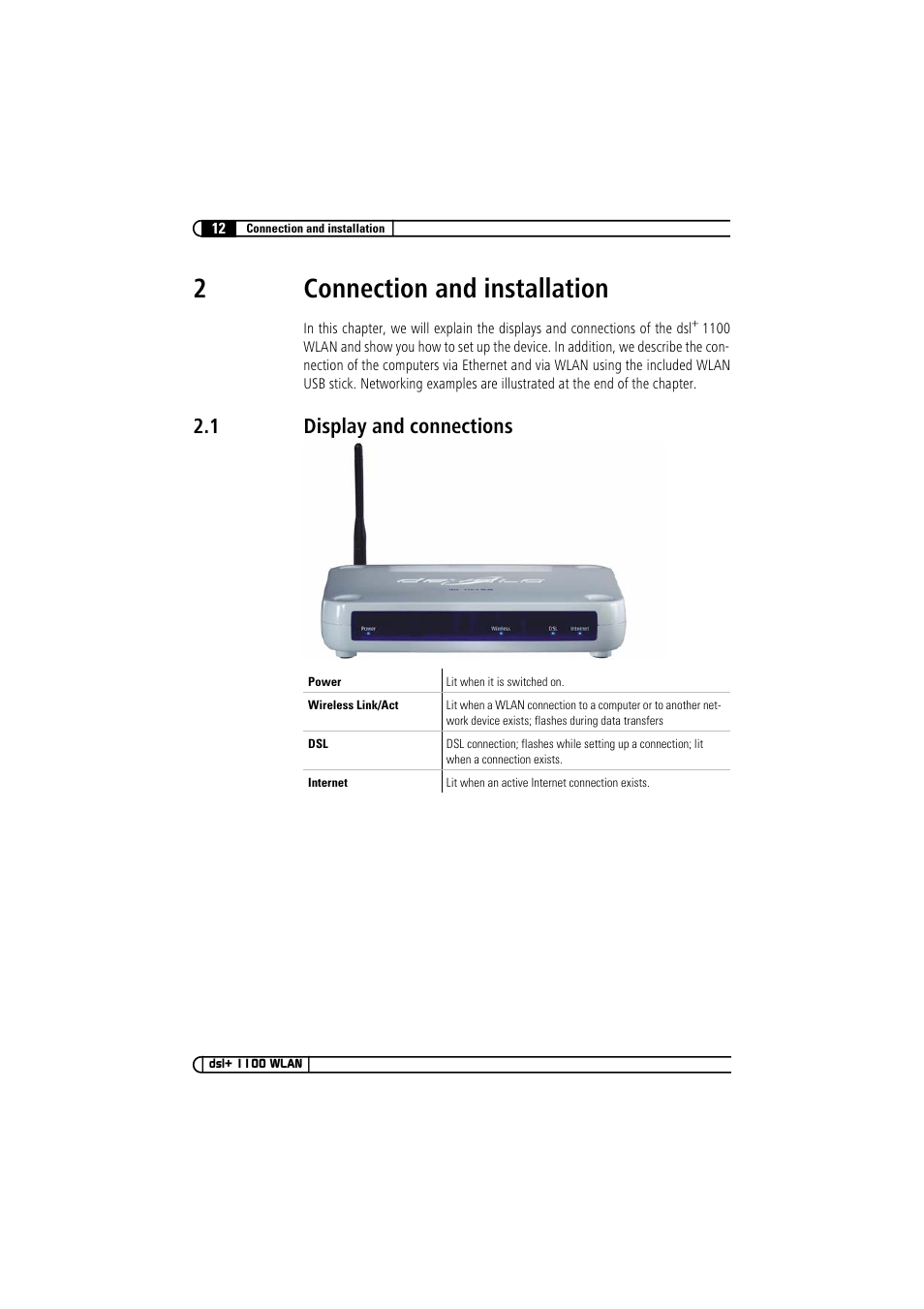 2 connection and installation, 1 display and connections, Display and connections | 2connection and installation | Devolo dsl+ 1100 WLAN User Manual | Page 12 / 41