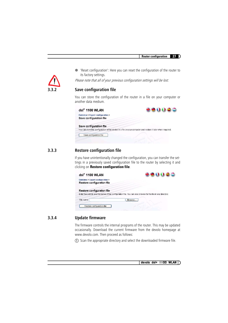 2 save configuration file, 3 restore configuration file, 4 update firmware | Save configuration file, Restore configuration file, Update firmware | Devolo dsl+ 1100 WLAN User Manual | Page 27 / 41