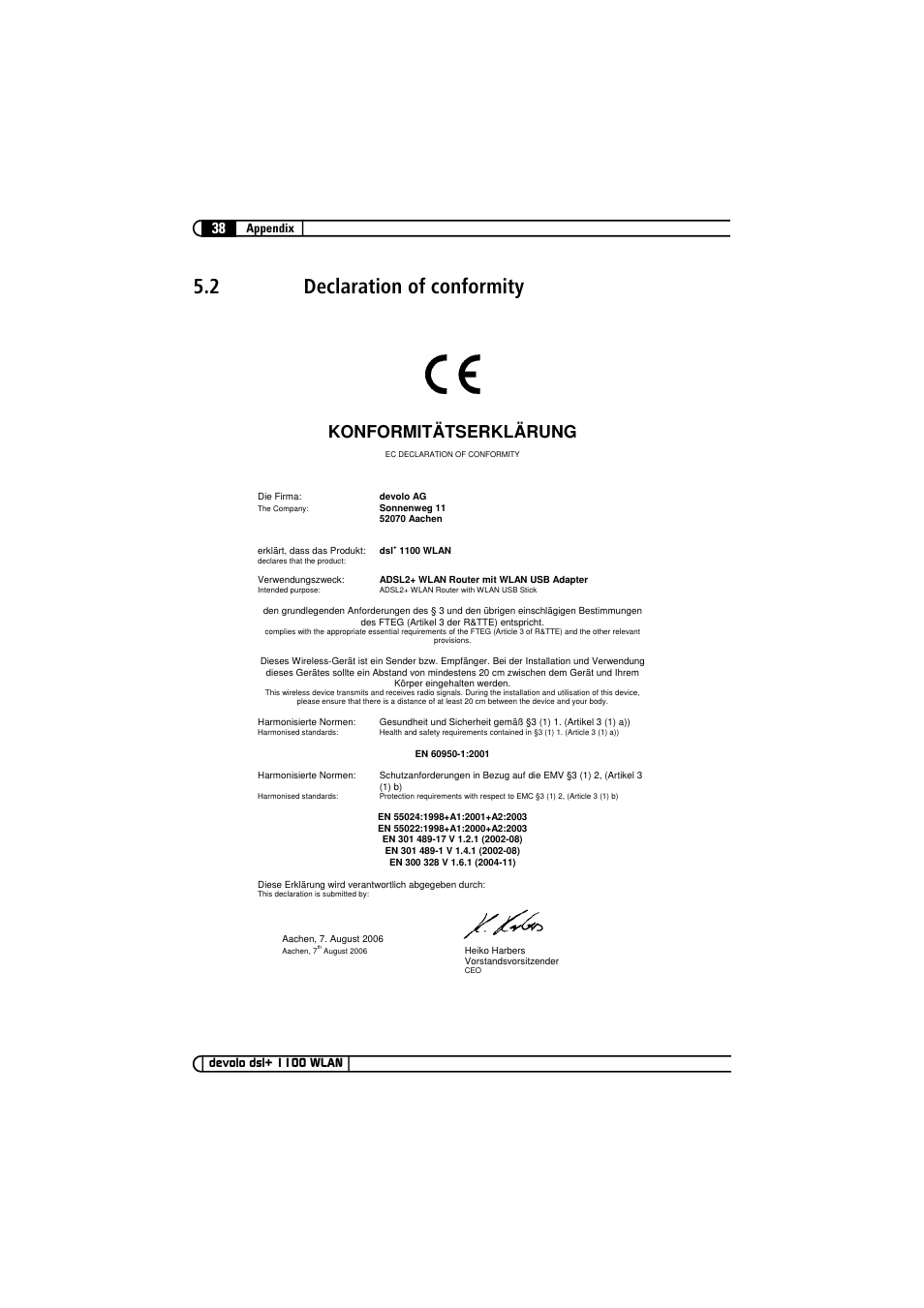 2 declaration of conformity, Declaration of conformity, Konformitätserklärung | Devolo dsl+ 1100 WLAN User Manual | Page 38 / 41