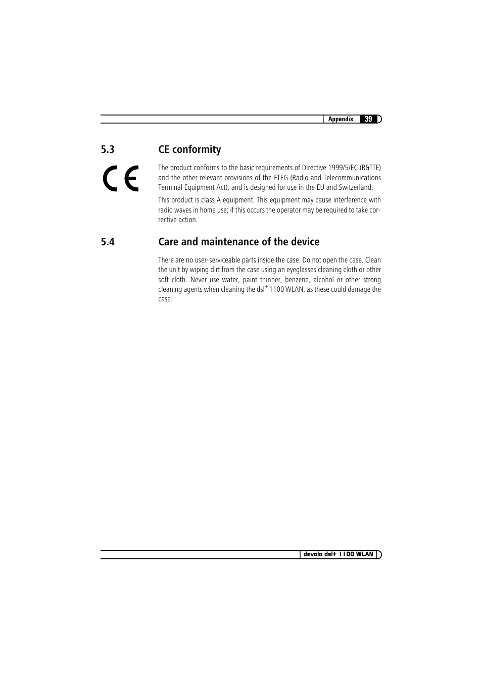 3 ce conformity, 4 care and maintenance of the device, Ce conformity | Care and maintenance of the device | Devolo dsl+ 1100 WLAN User Manual | Page 39 / 41
