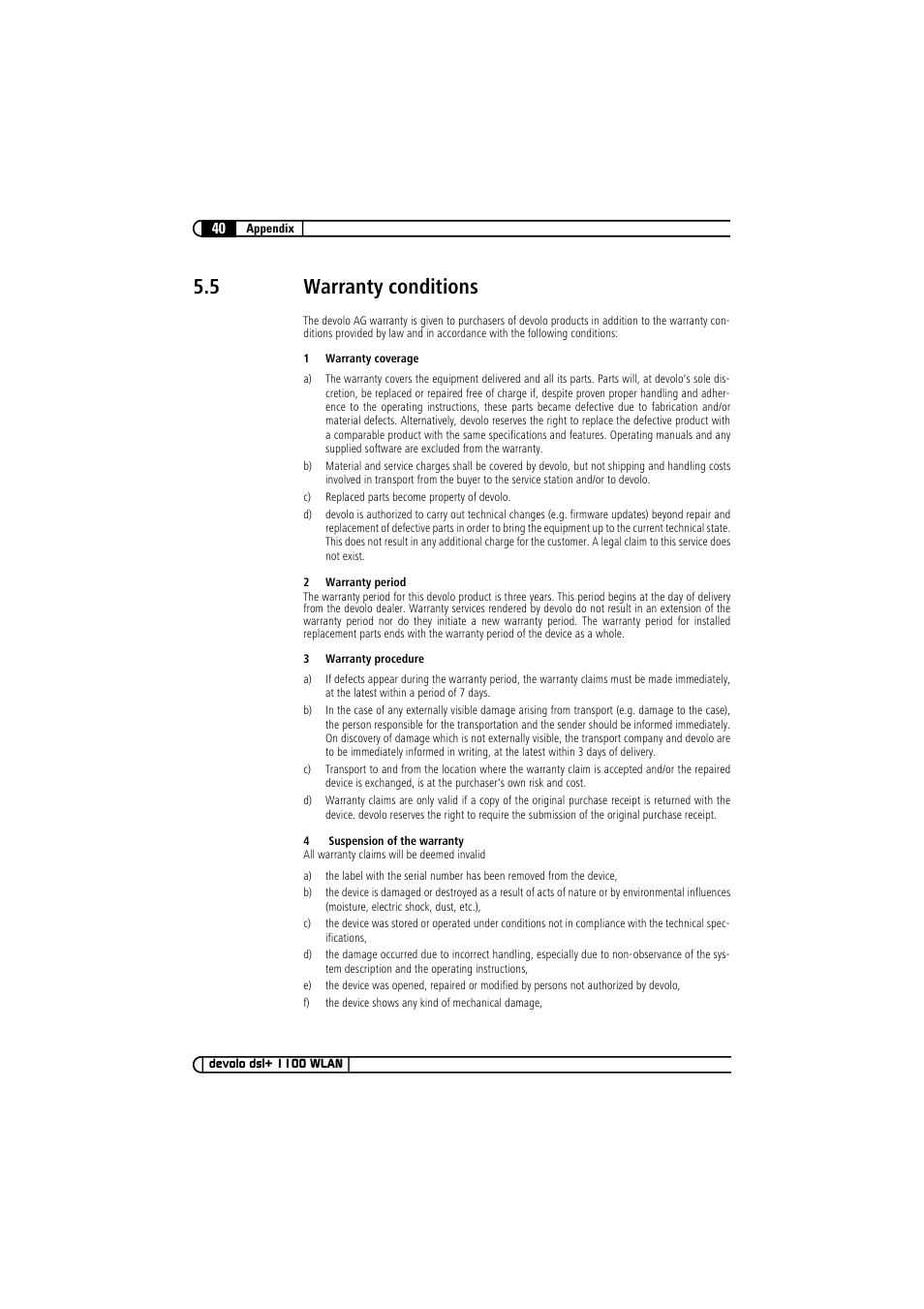 5 warranty conditions, Warranty conditions | Devolo dsl+ 1100 WLAN User Manual | Page 40 / 41