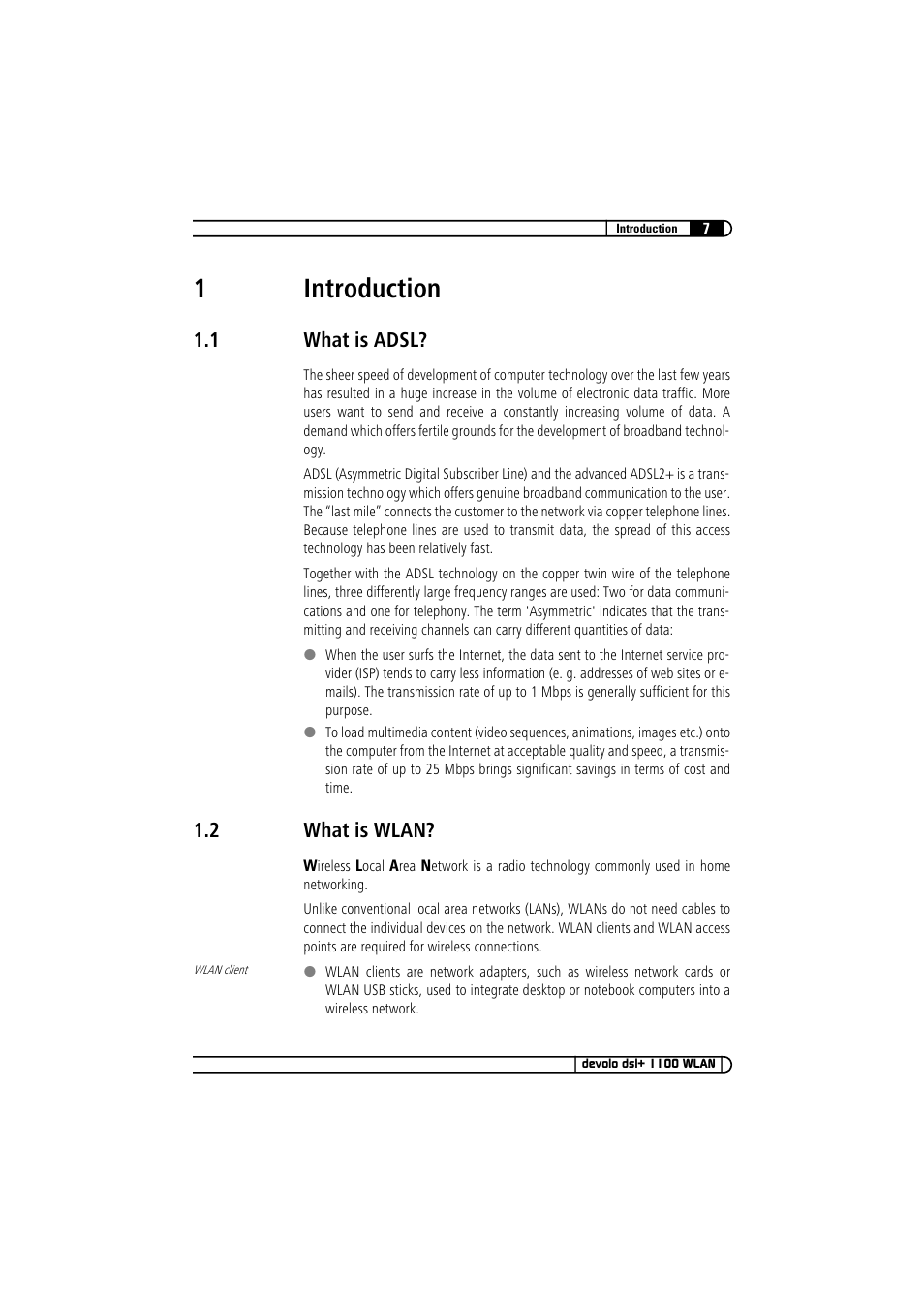 1 introduction, 1 what is adsl, 2 what is wlan | What is adsl, What is wlan, 1introduction | Devolo dsl+ 1100 WLAN User Manual | Page 7 / 41