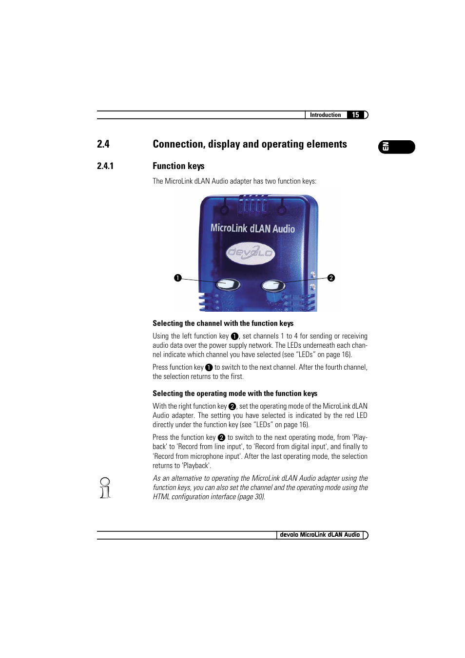 4 connection, display and operating elements, 1 function keys, Connection, display and operating elements 2.4.1 | Function keys | Devolo MicroLink dLAN Audio User Manual | Page 15 / 58