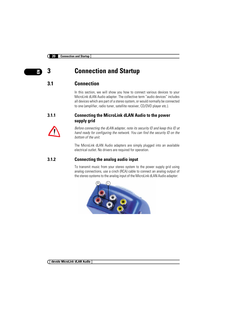 3 connection and startup, 1 connection, 2 connecting the analog audio input | Connection and startup 3.1, Connection 3.1.1, Connecting the microlink dlan audio to the power, Supply grid, Connecting the analog audio input, 3connection and startup | Devolo MicroLink dLAN Audio User Manual | Page 20 / 58