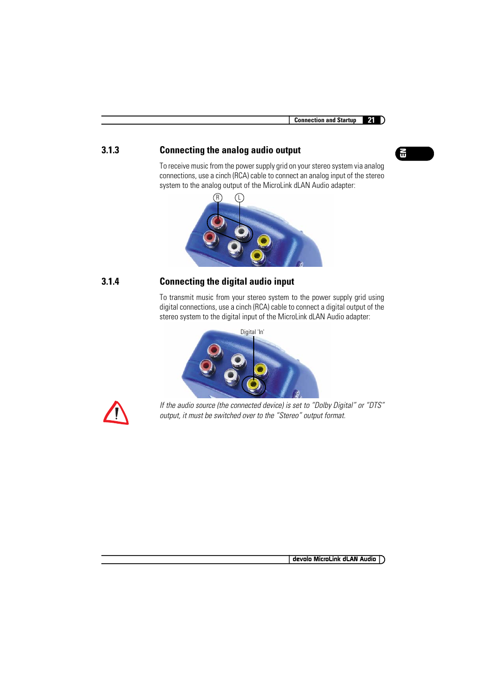 3 connecting the analog audio output, 4 connecting the digital audio input, Connecting the analog audio output | Connecting the digital audio input | Devolo MicroLink dLAN Audio User Manual | Page 21 / 58