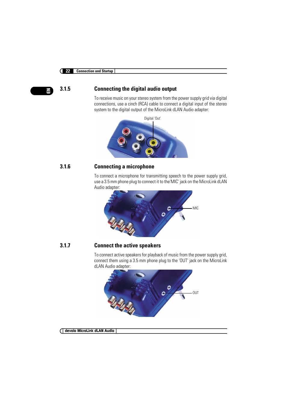 5 connecting the digital audio output, 6 connecting a microphone, 7 connect the active speakers | Connecting the digital audio output, Connecting a microphone, Connect the active speakers | Devolo MicroLink dLAN Audio User Manual | Page 22 / 58