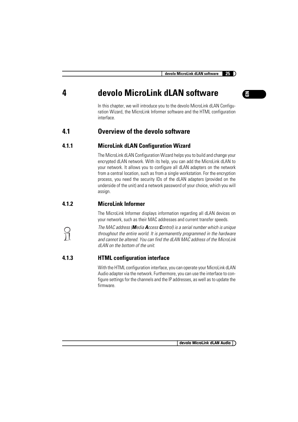 4 devolo microlink dlan software, 1 overview of the devolo software, 1 microlink dlan configuration wizard | 2 microlink informer, 3 html configuration interface, Devolo microlink dlan software 4.1, Overview of the devolo software 4.1.1, Microlink dlan configuration wizard, Microlink informer, Html configuration interface | Devolo MicroLink dLAN Audio User Manual | Page 25 / 58