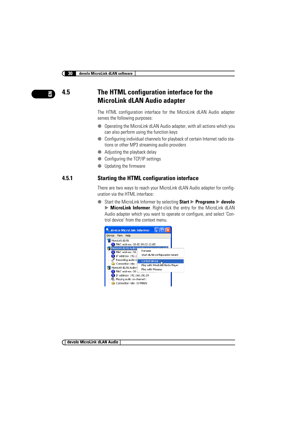 1 starting the html configuration interface, Audio adapter, Starting the html configuration interface | Devolo MicroLink dLAN Audio User Manual | Page 30 / 58