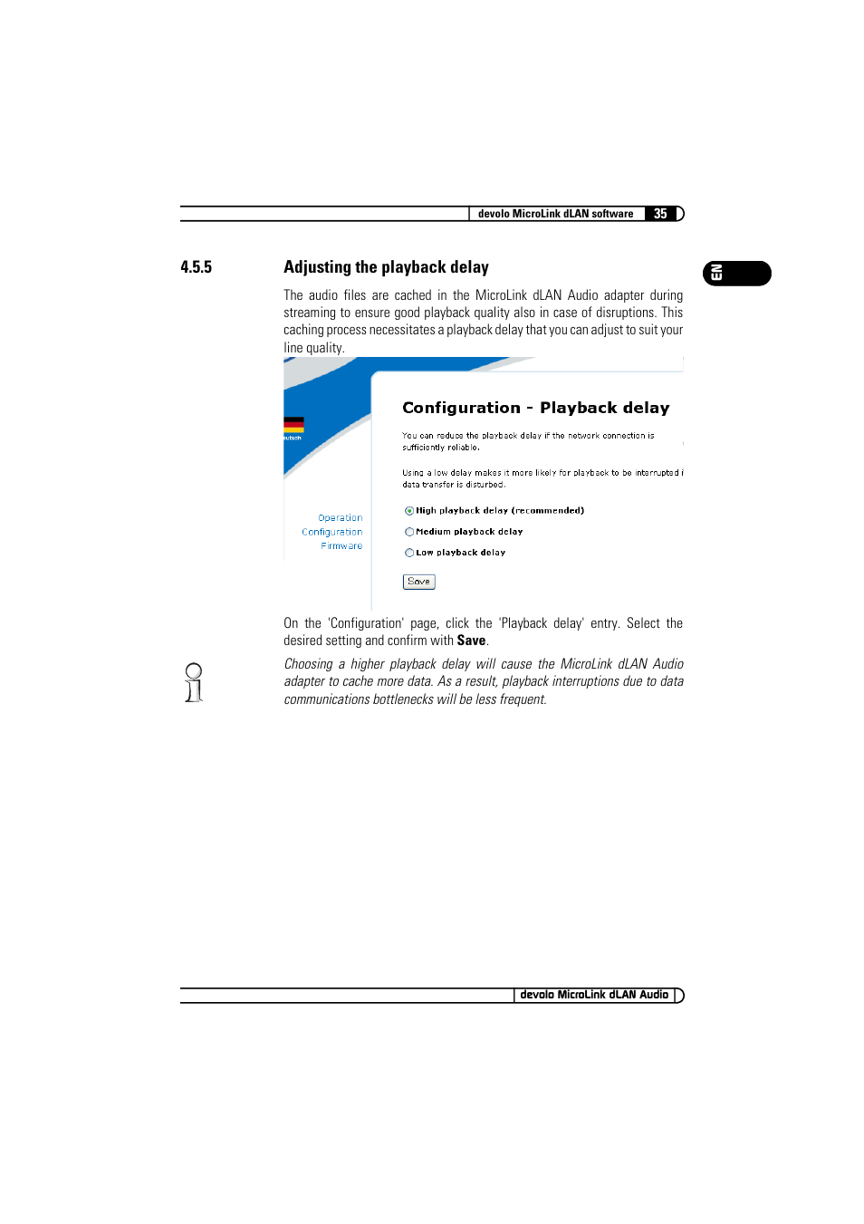 5 adjusting the playback delay, Adjusting the playback delay | Devolo MicroLink dLAN Audio User Manual | Page 35 / 58