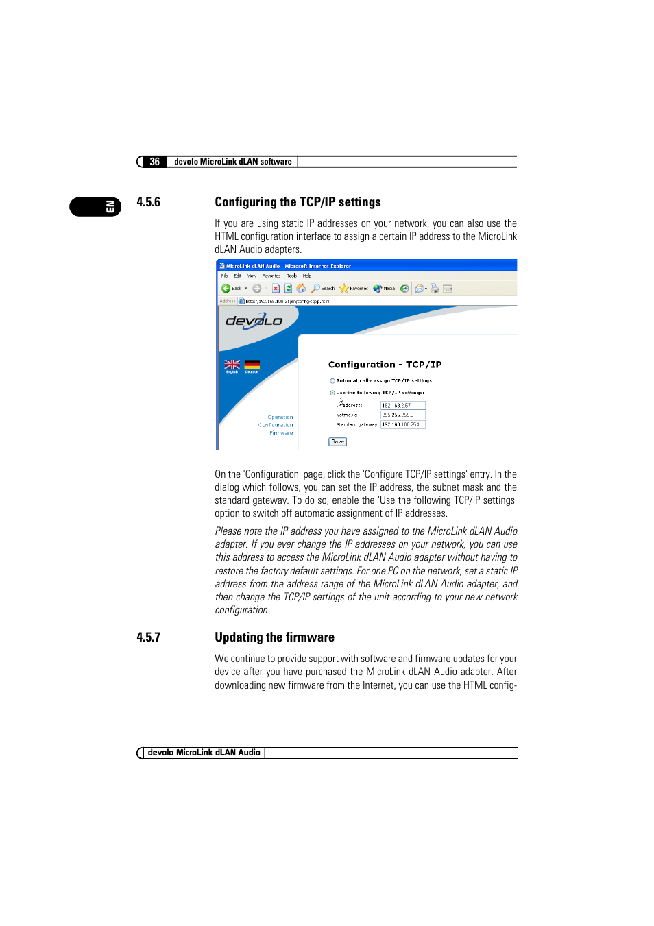 6 configuring the tcp/ip settings, 7 updating the firmware, Configuring the tcp/ip settings | Updating the firmware | Devolo MicroLink dLAN Audio User Manual | Page 36 / 58