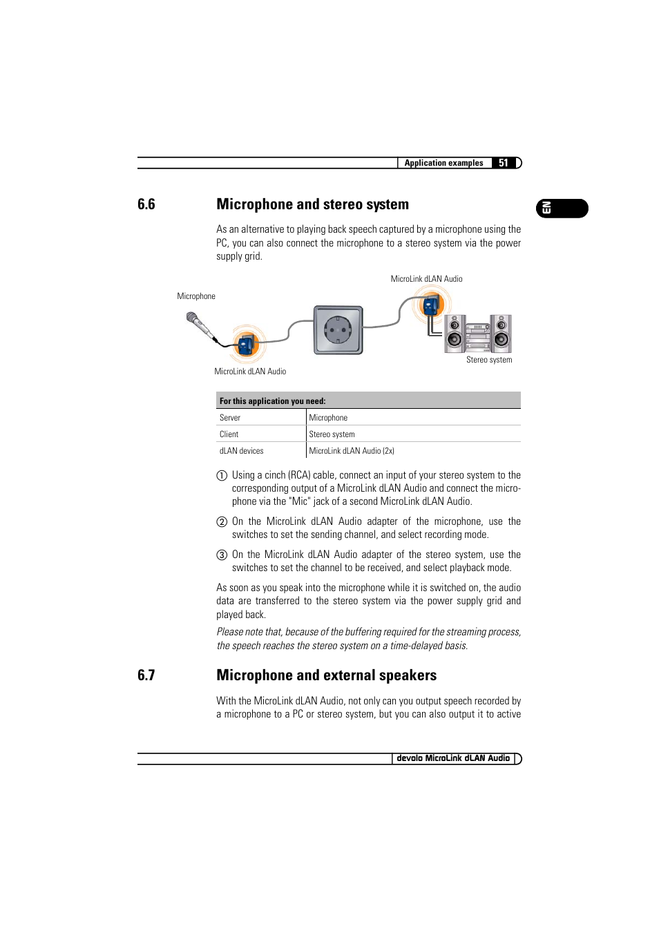 6 microphone and stereo system, 7 microphone and external speakers, Microphone and stereo system | Microphone and external speakers | Devolo MicroLink dLAN Audio User Manual | Page 51 / 58