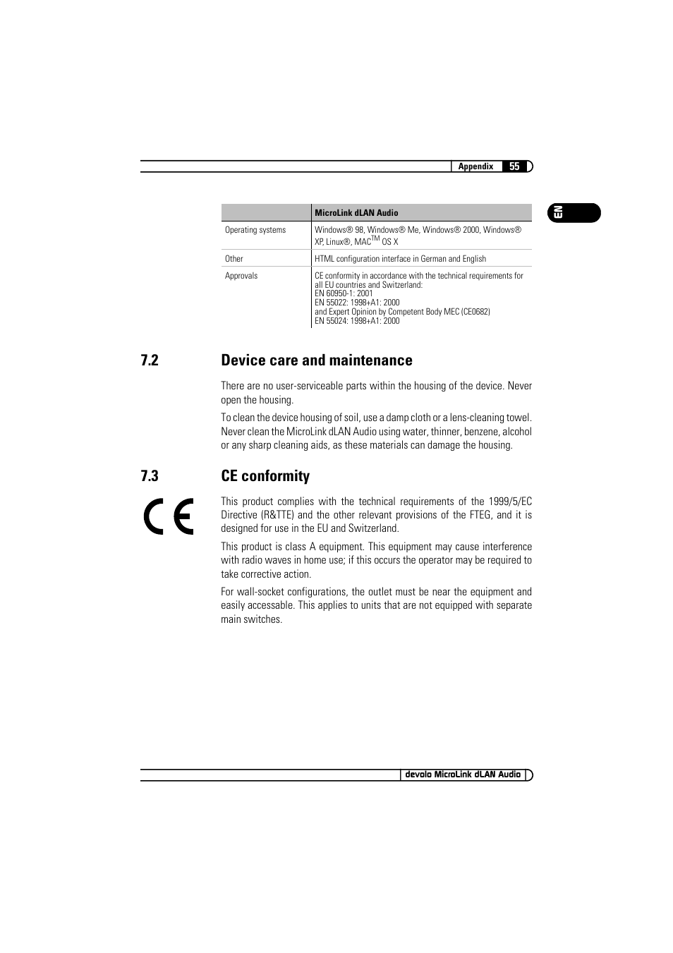 2 device care and maintenance, 3 ce conformity, Device care and maintenance | Ce conformity | Devolo MicroLink dLAN Audio User Manual | Page 55 / 58