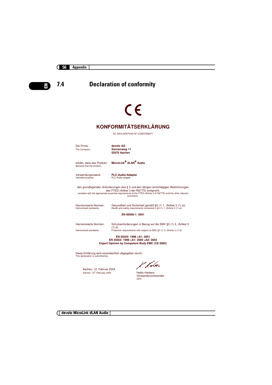 4 declaration of conformity, Declaration of conformity, Konformitätserklärung | 56 en | Devolo MicroLink dLAN Audio User Manual | Page 56 / 58