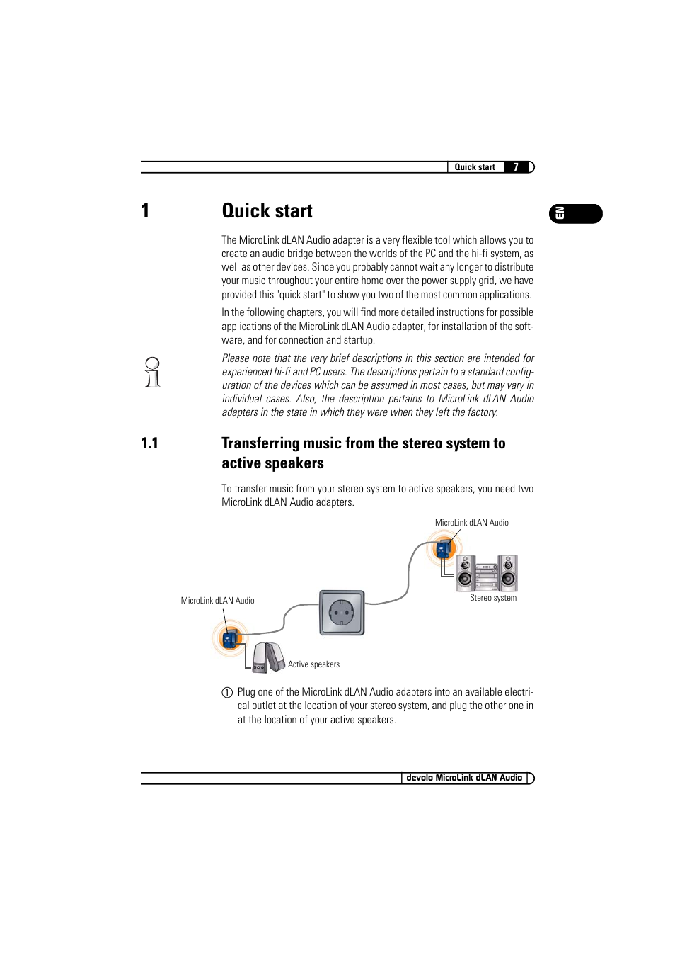 1 quick start, Quick start 1.1, 1quick start | Devolo MicroLink dLAN Audio User Manual | Page 7 / 58