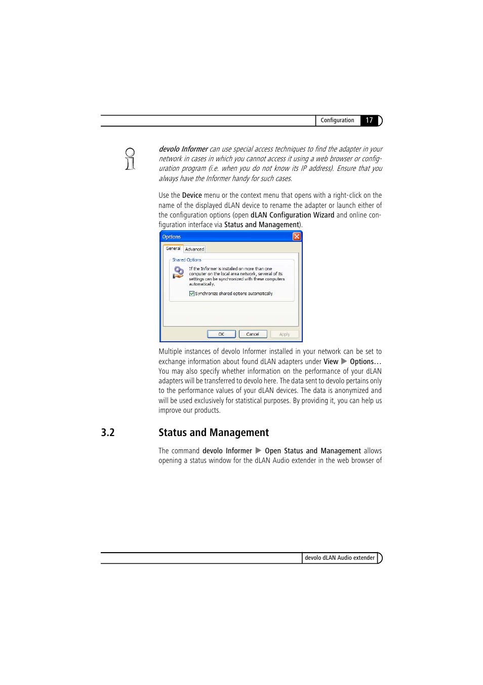 2 status and management, Status and management | Devolo LAN Audio extender User Manual | Page 17 / 43