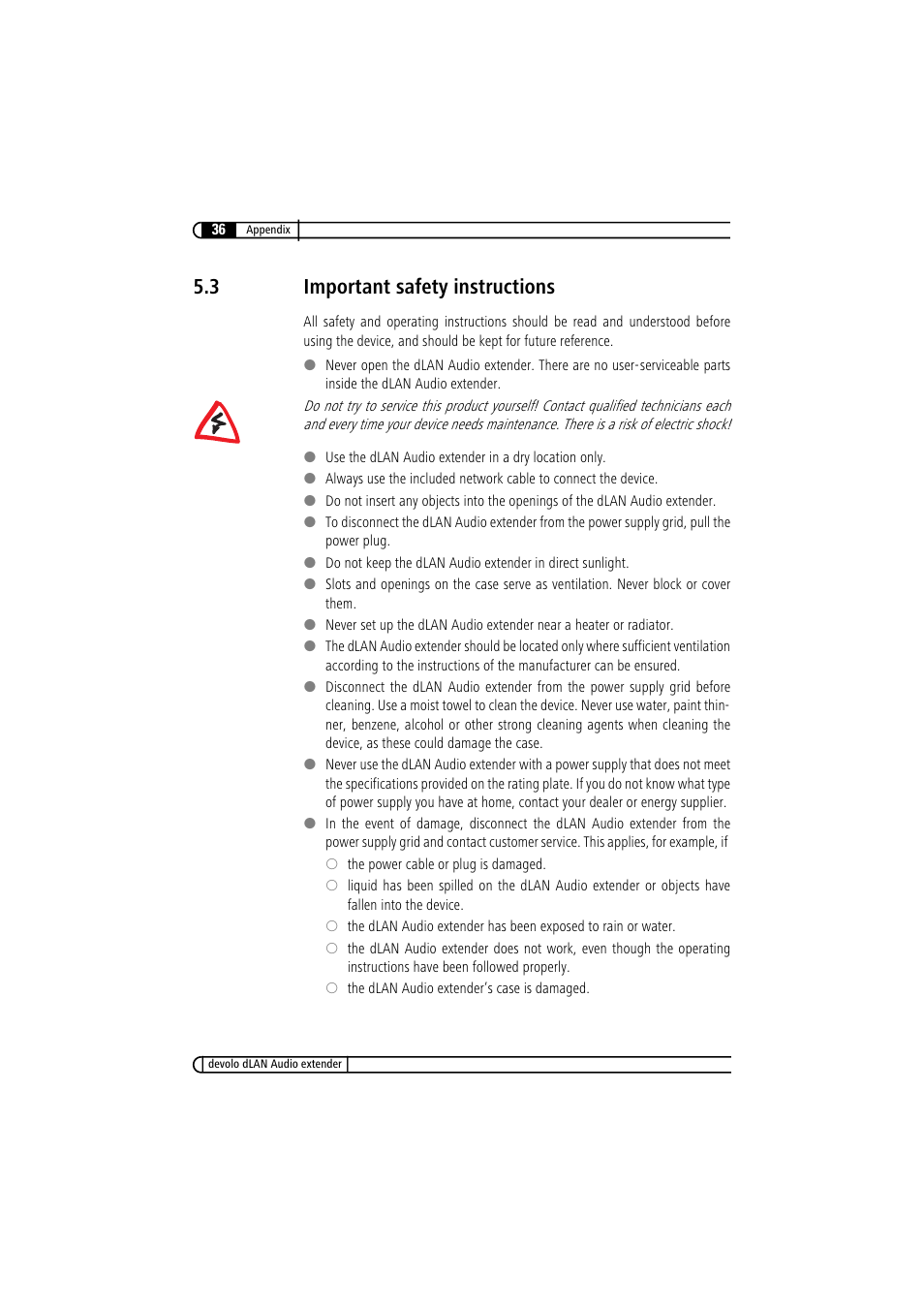 3 important safety instructions, Important safety instructions | Devolo LAN Audio extender User Manual | Page 36 / 43