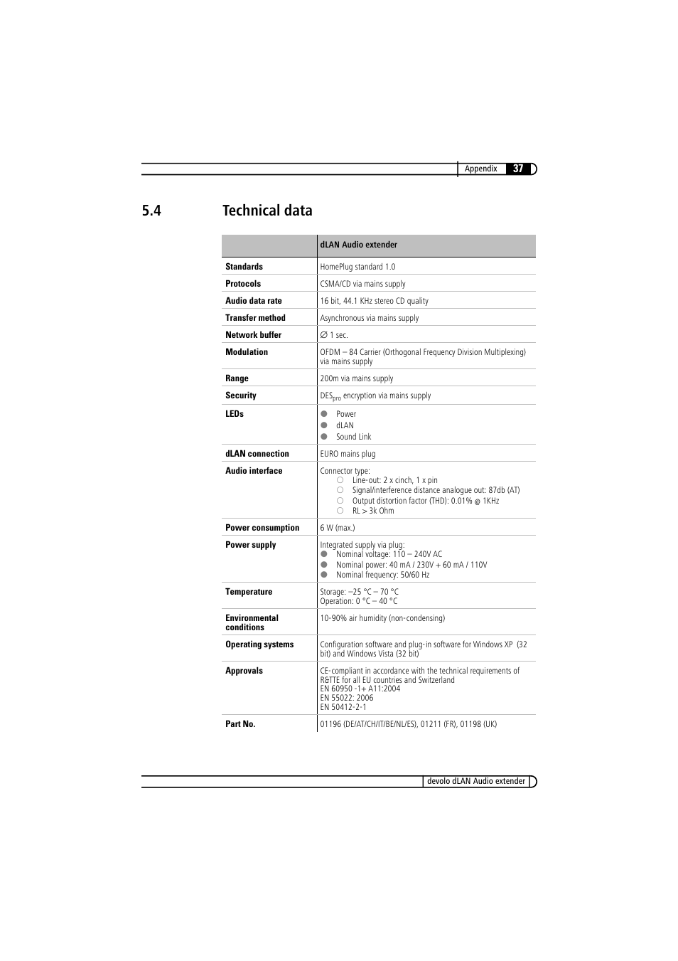 4 technical data, Technical data | Devolo LAN Audio extender User Manual | Page 37 / 43