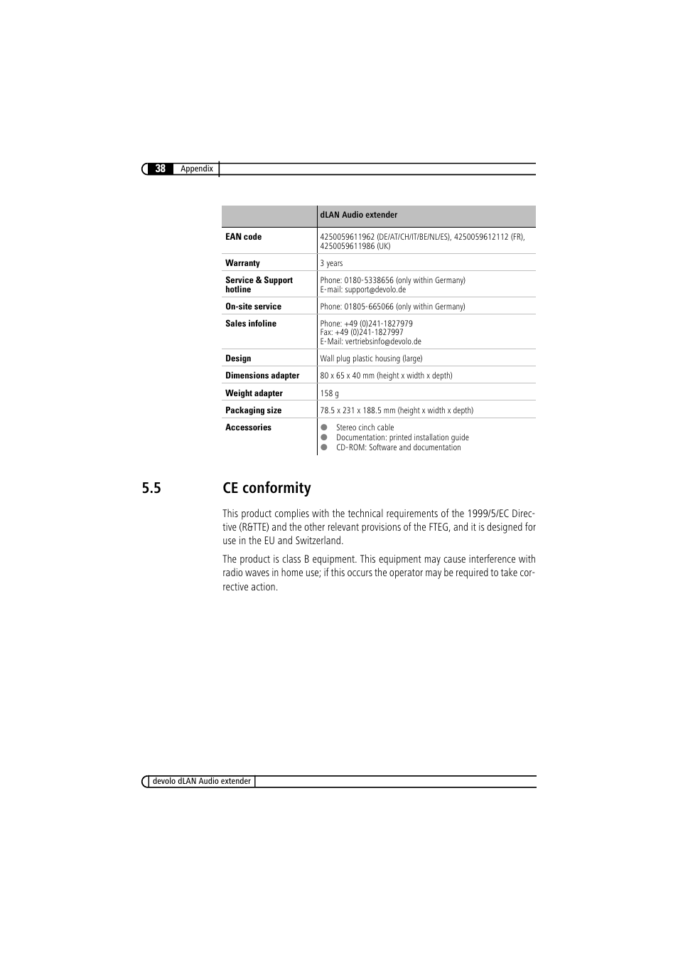 5 ce conformity, Ce conformity | Devolo LAN Audio extender User Manual | Page 38 / 43