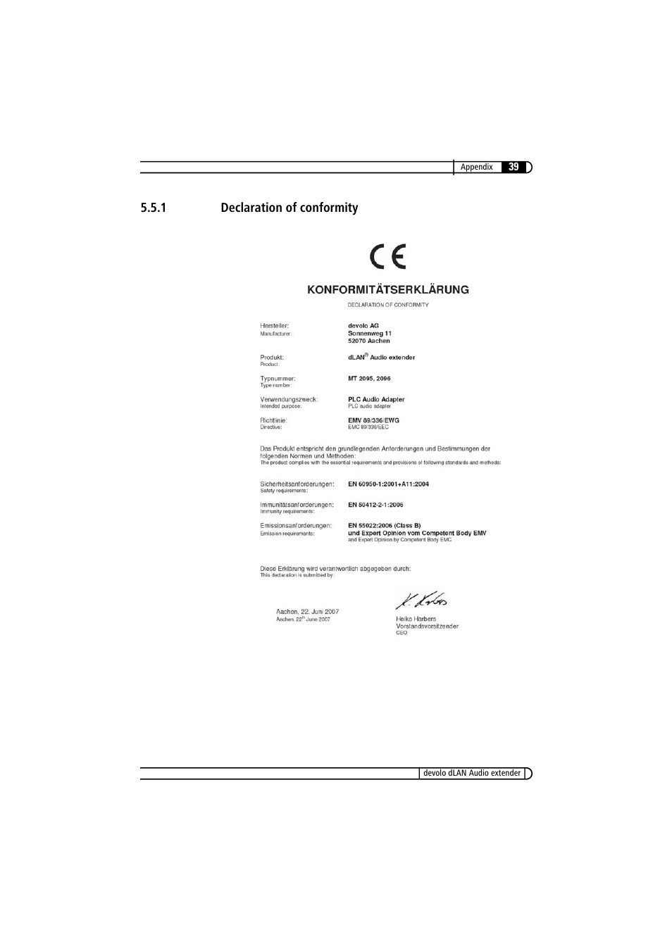 1 declaration of conformity, Declaration of conformity | Devolo LAN Audio extender User Manual | Page 39 / 43