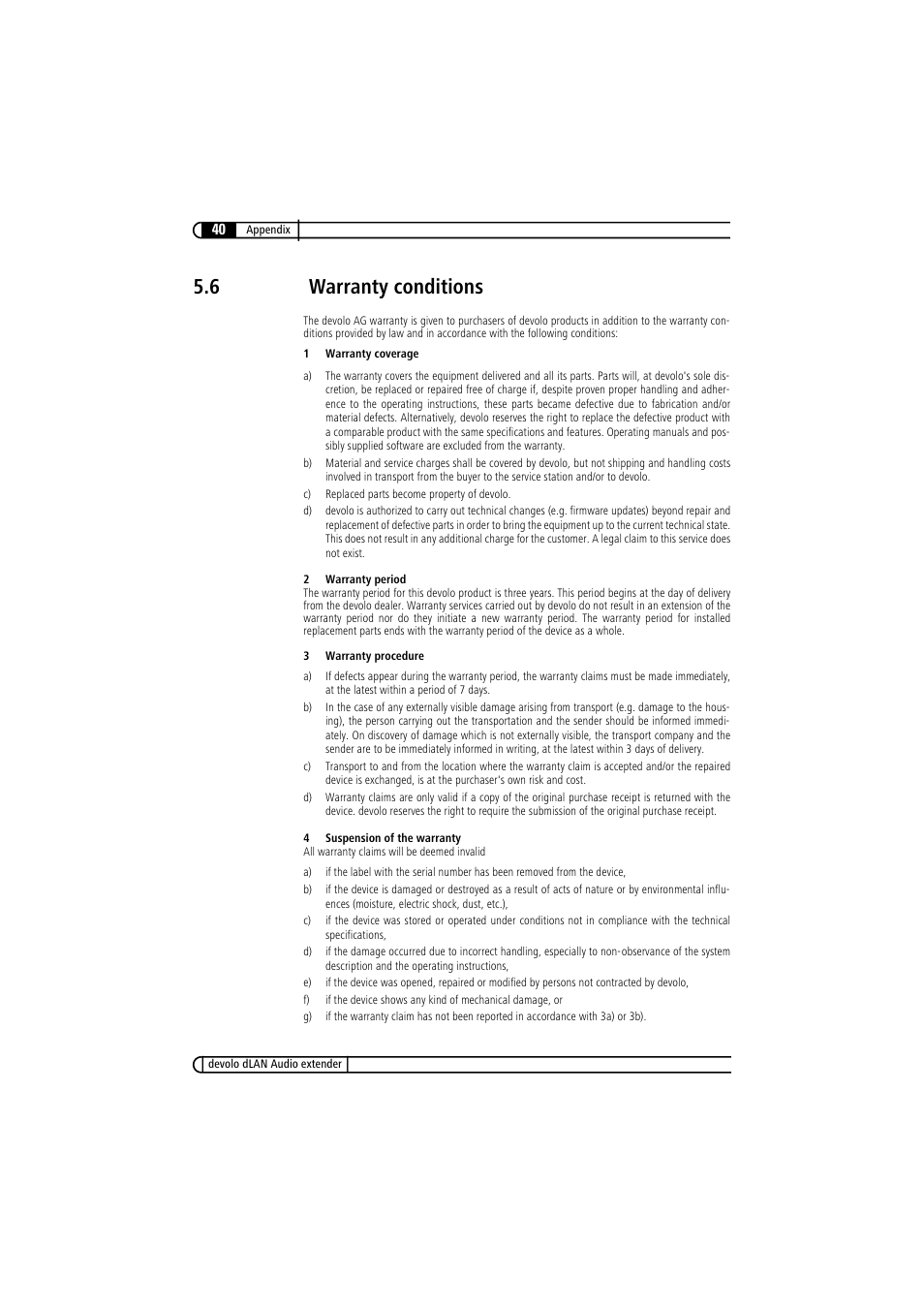 6 warranty conditions, Warranty conditions | Devolo LAN Audio extender User Manual | Page 40 / 43