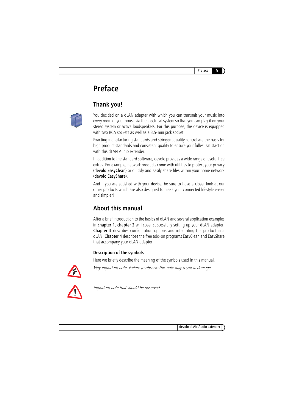 Preface, Thank you, About this manual | Thank you! about this manual | Devolo LAN Audio extender User Manual | Page 5 / 43