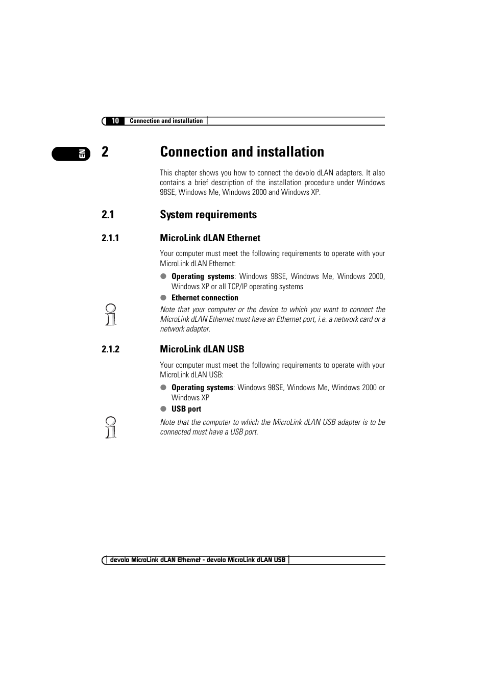 2 connection and installation, 1 system requirements, 1 microlink dlan ethernet | 2 microlink dlan usb, 1 microlink dlan ethernet 2.1.2 microlink dlan usb, 2connection and installation | Devolo MicroLink dLAN Ethernet User Manual | Page 10 / 33