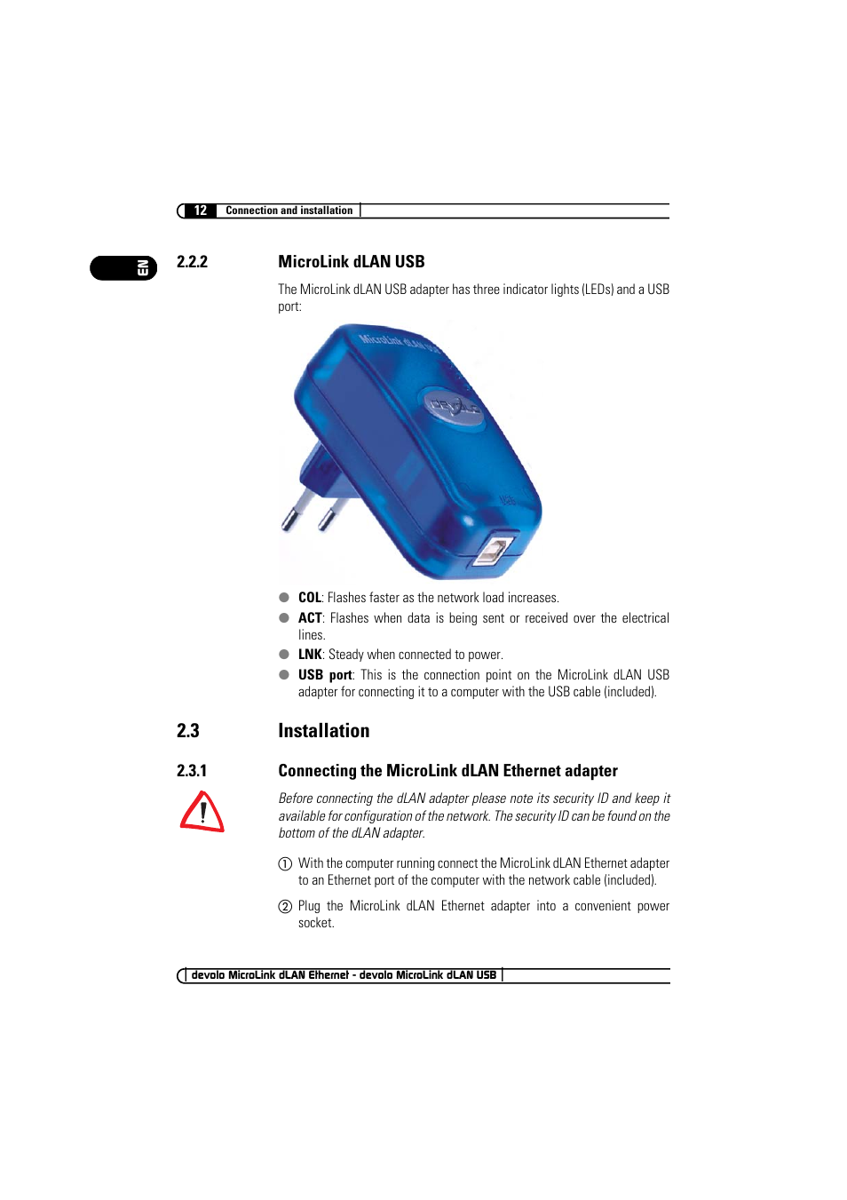 2 microlink dlan usb, 3 installation, 1 connecting the microlink dlan ethernet adapter | Devolo MicroLink dLAN Ethernet User Manual | Page 12 / 33