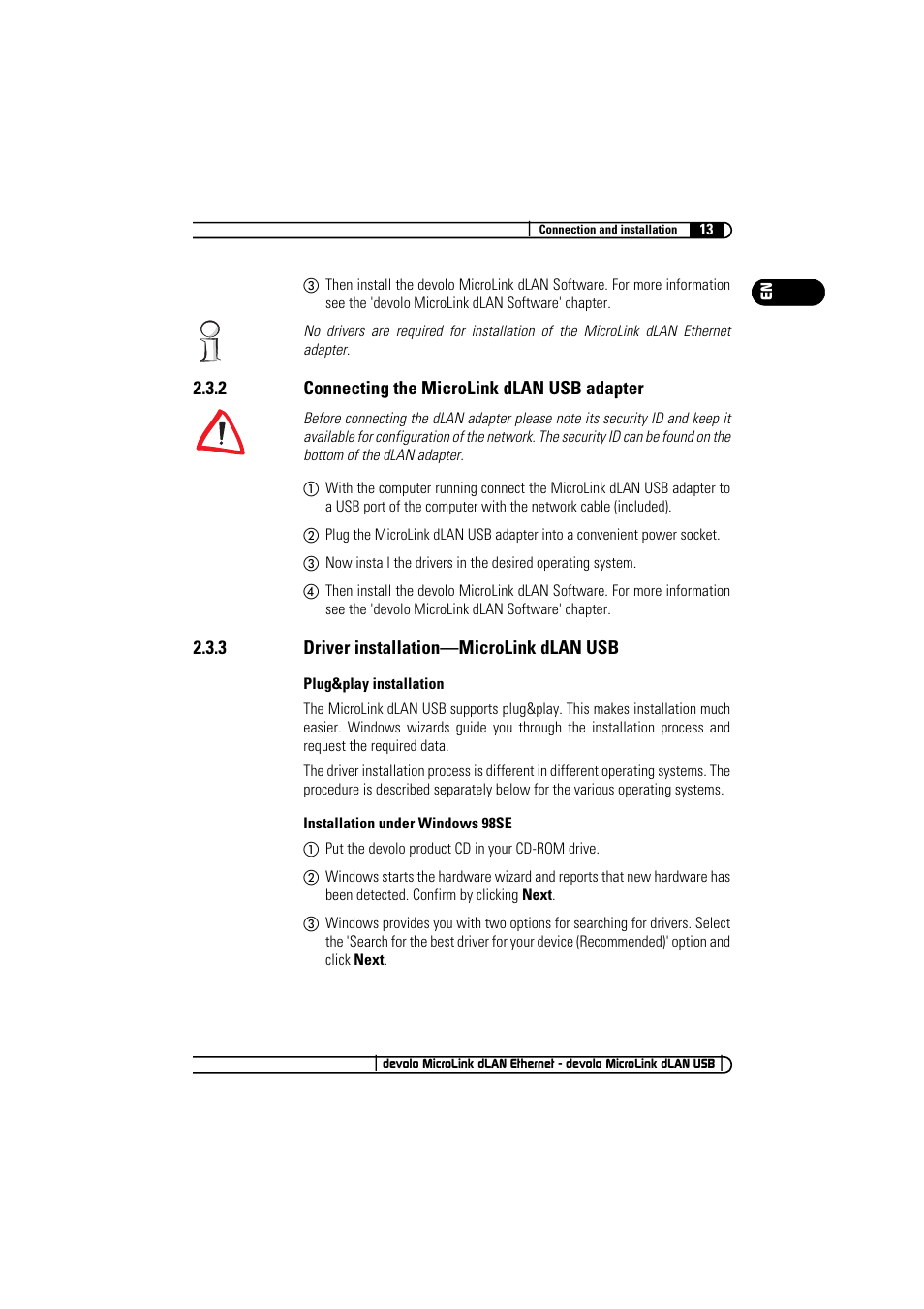 2 connecting the microlink dlan usb adapter, 3 driver installation-microlink dlan usb | Devolo MicroLink dLAN Ethernet User Manual | Page 13 / 33