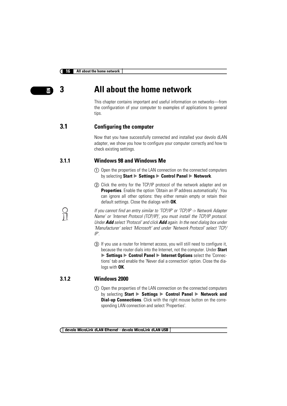3 all about the home network, 1 configuring the computer, 1 windows 98 and windows me | 2 windows 2000, 1 windows 98 and windows me 3.1.2 windows 2000, 3all about the home network | Devolo MicroLink dLAN Ethernet User Manual | Page 16 / 33