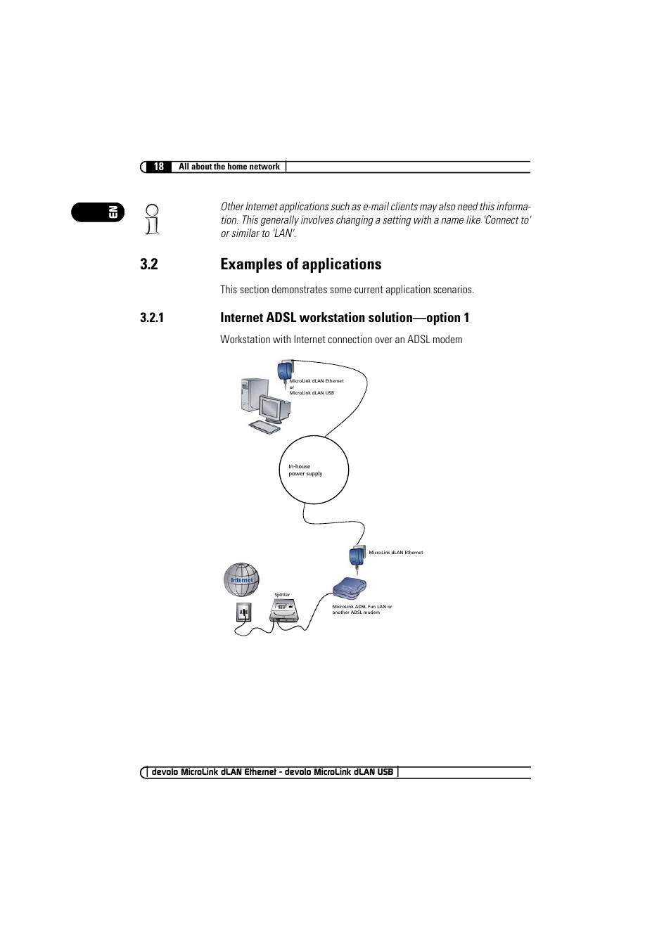 2 examples of applications, 1 internet adsl workstation solution-option 1, 1 internet adsl workstation solution—option 1 | Devolo MicroLink dLAN Ethernet User Manual | Page 18 / 33