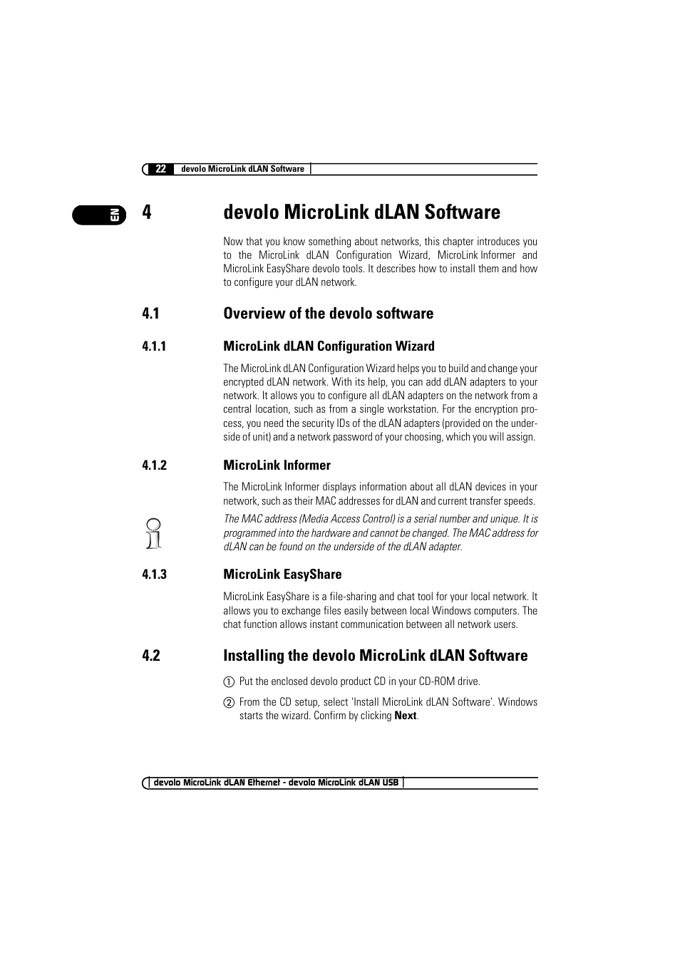 4 devolo microlink dlan software, 1 overview of the devolo software, 1 microlink dlan configuration wizard | 2 microlink informer, 3 microlink easyshare, 2 installing the devolo microlink dlan software, 4devolo microlink dlan software | Devolo MicroLink dLAN Ethernet User Manual | Page 22 / 33